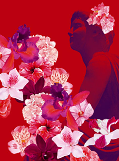 roter Hintergrund mit Blumenblüten in rot/rosa/violett Tönen und rechts in violett der Kopf einer griechischen Göttin nach links schauend