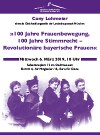 bayerische Frauenrechtlerinnen (Atelier Elvira) und Poster zur Frauenwahl 1914