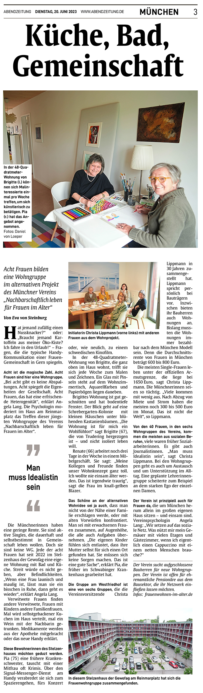 Artikel in der Abendzeitung München, am 20.06.2023: Küche, Bad, Gemeinschaft