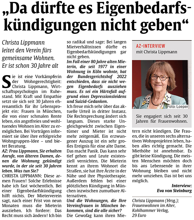 Interview mit Dr. Christa Lippmann in der Abendzeitung München, am 20.06.2023: Da dürfte es Eigenbedarfskündigungen nicht geben
