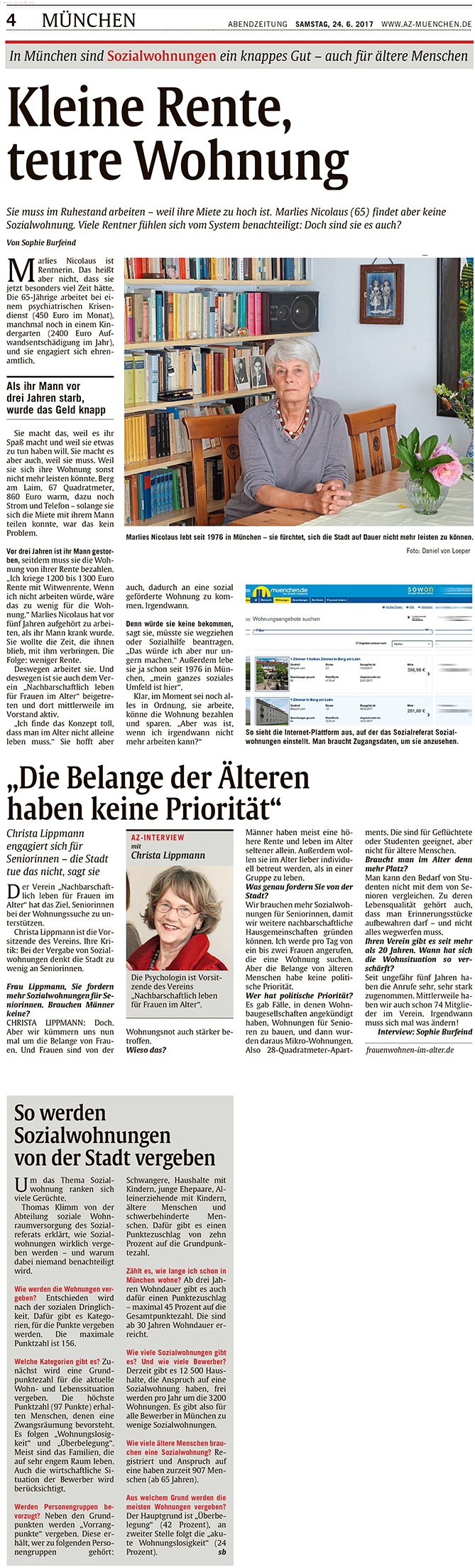 Artikel in Münchner Abendzeitung über teures Wohnen in München mit kleiner Rente