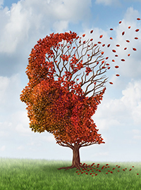 Demenz: Kopf in Form eines Baumes dem die Blätter als Teil des Gehirns wegfliegen