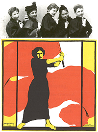 bayerische Frauenrechtlerinnen (Atelier Elvira) und Poster zur Frauenwahl 1914