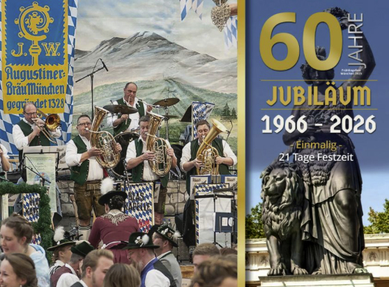 60 Jahre Frühlingsfest von 1966-2026, Poster mit Bavaria, daneben ein Bild mit Blaskapelle im Festzelt.