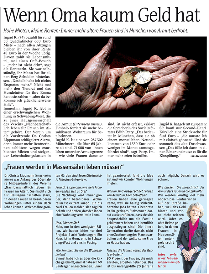 Artikel in der Hallo München, Juni 2017, über die Armut älterer Frauen: Wenn Oma kaum Geld hat