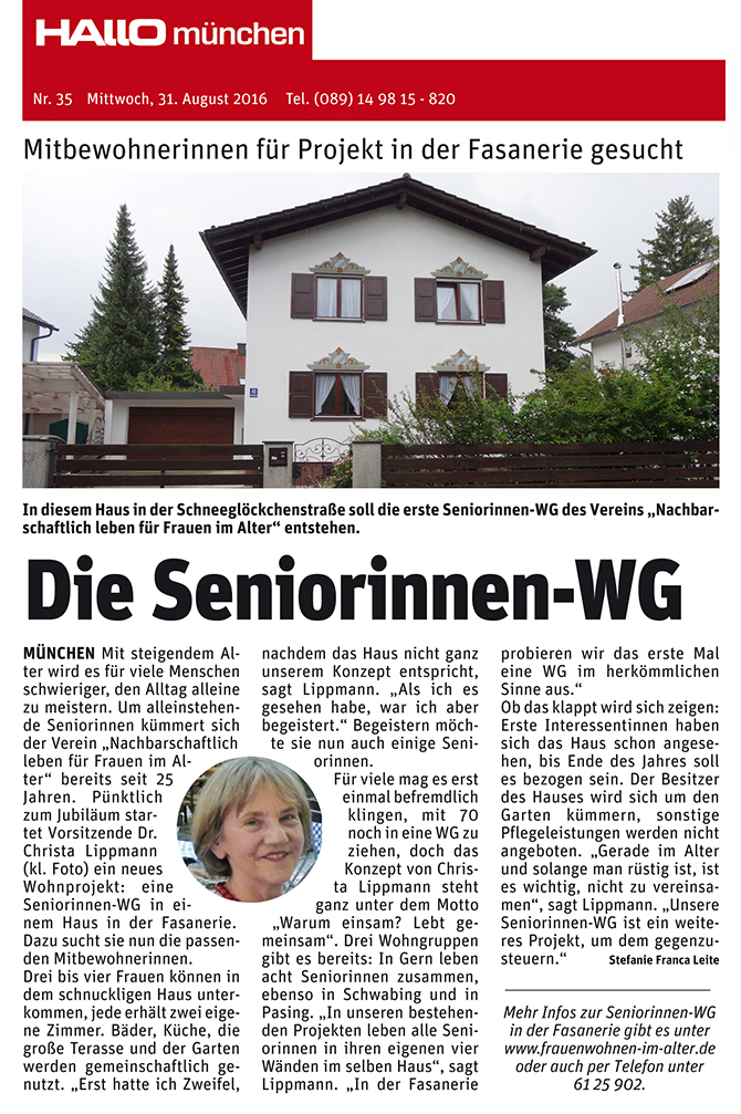 Artikel in der Wochenzeitung Hallo über unser neues Projekt in München Fasanerie: Die Seniorinnen-WG