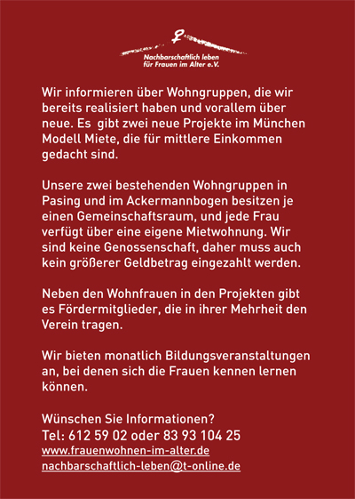 Einladung zum Infotag am 26. September 2013 zum Thema: Gemeinsam statt einsam - Wohnmodelle in der Schweiz und Deutschland