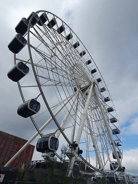 Das Riesenrad auf dem Festivalgelände am Ostbahnhof von schräg unten betrachtet
