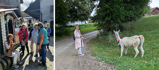 eine kurze Rast mit Stärkung und Christa Lippmann mit Lama