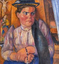 Selbstbildnis der Malerin Käte Hoch, 1929, mirt großer Schirmmütze, Malerkittel und Palette