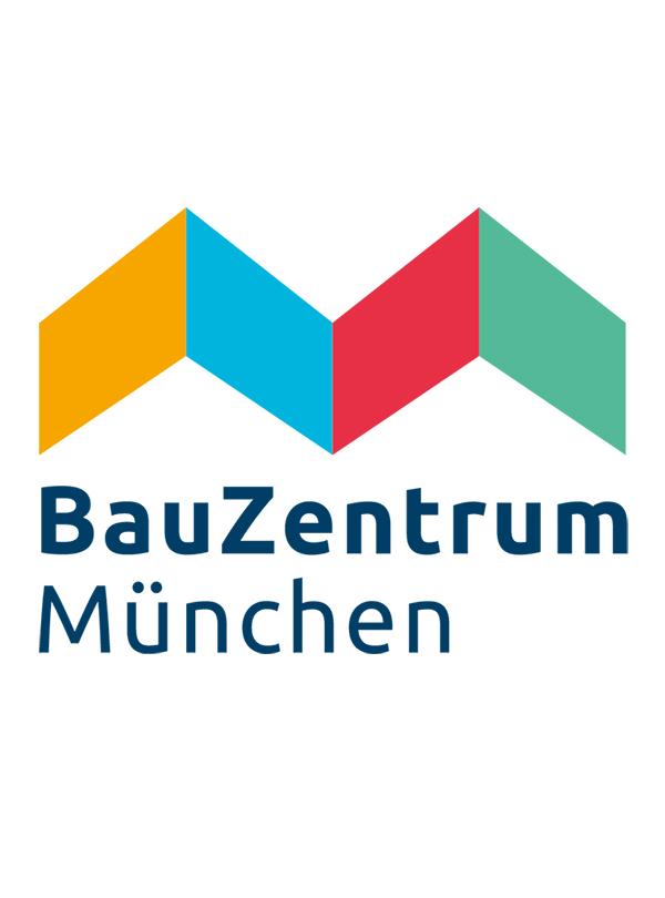 Logo Bauzentrum München, breite Zickzack-Linie mit 3 “Dach”flächen in dunkelgelb, mittelblau, rot, grün