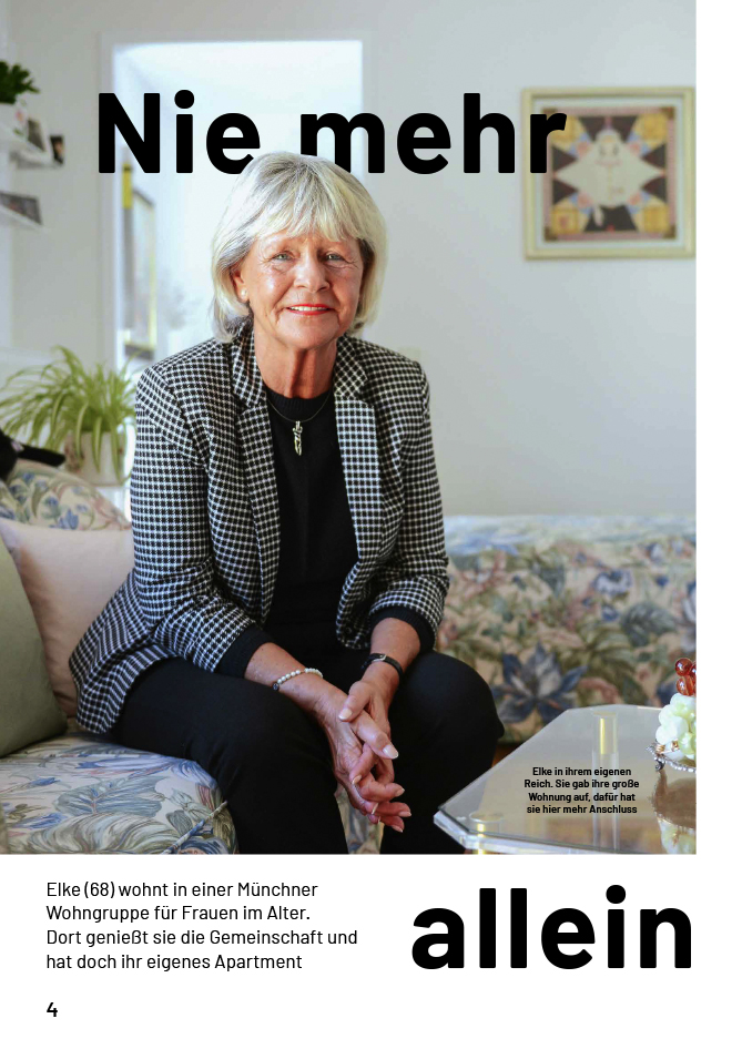 Artikel im Münchner Mietermagazin, im März 2023 über unsere Wohnfrau Elke mit Blick ins Wohnzimmer