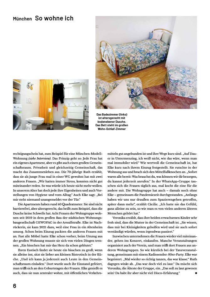 Artikel im Münchner Mietermagazin, im März 2023 über unsere Wohnfrau Elke mit Blick ins Wohnzimmer und Bad