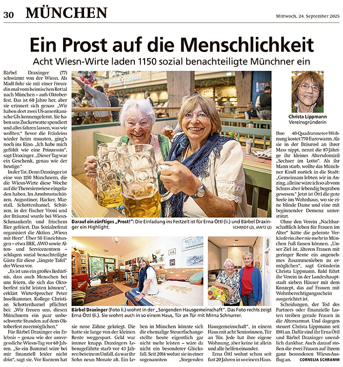 Artikel im Münchner Merkur, am 24.09.2025: Ein Prost auf die Menschlichkeit, Acht Wiesn-Wirte laden 1150 sozial benachteiligte Münchner ein