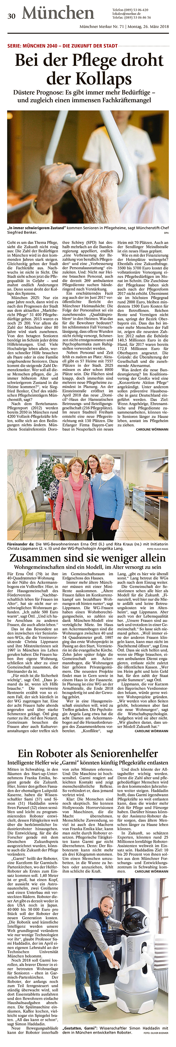 Artikel im Münchner Merkur über Pflegenotstand, Wohngemeinschaften und Pflegeroboter am 26. März 2018