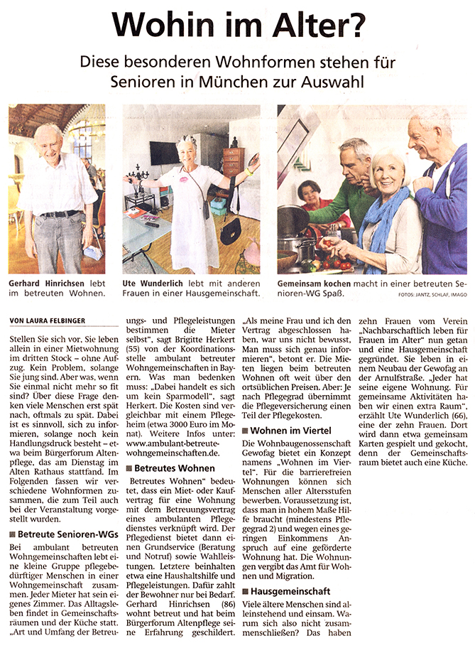 Zeitungsartikel im Münchner Merkur über verschiedene Wohnformen für Senioren