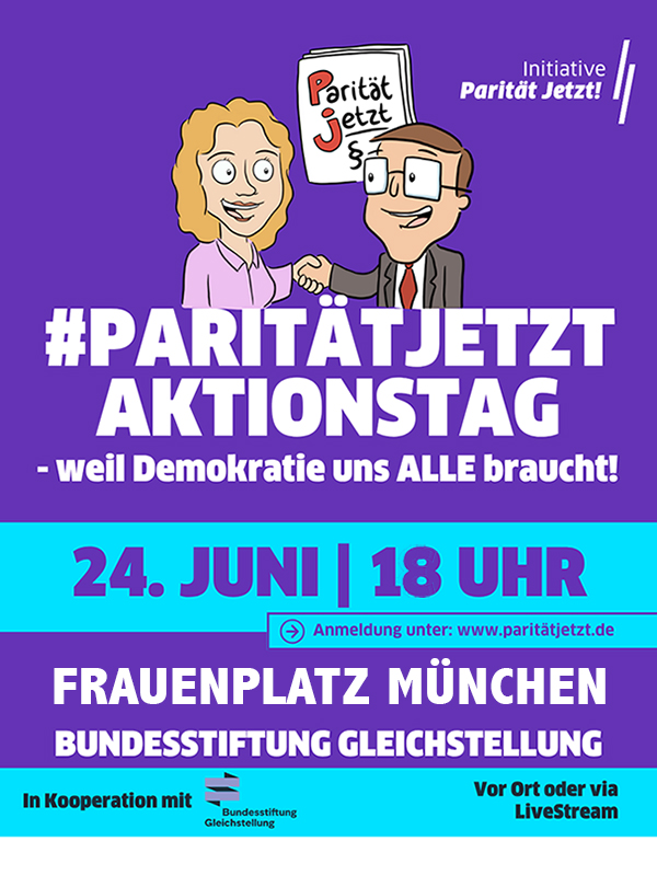 Comichafte Illustration, Frau und Mann reichen sich die Hand auf lila Hintergrund