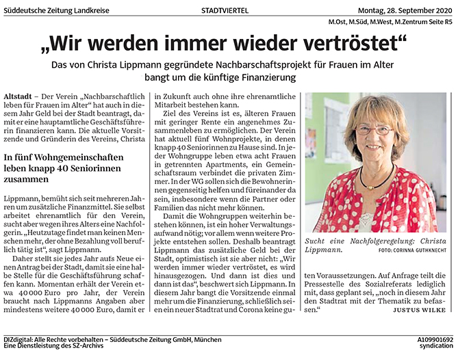 Artikel in der SZ über Förderungen durch die Stadt München für das Wohnprojekt Nachbarschaftlich leben für Frauen im Alter e.V.