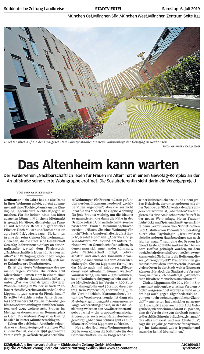 Artikel in der Süddeutschen Zeitung über die Arbeit des Fördervereins Nachbarschaftlich leben für Frauen im Alter und die neue Wohngruppe