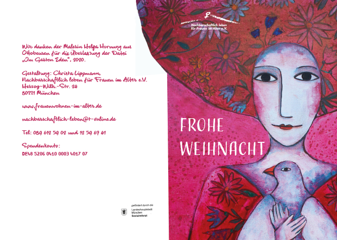 Weihnachtskarte 2012 Illustration von Helga Hornung: in vorwiegend Rottönen gezeichnete Frau mit grossen Augen und einer Taube vor der Brust haltend