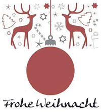 Stilisierte Zeichnung: eine dunkelrote Kugel mit links und rechts je einem Rentier in dunkelrot, im Hintergrund in grau Geschenk, Zuckerstangen, Mistelzweige mit roten Akzenten