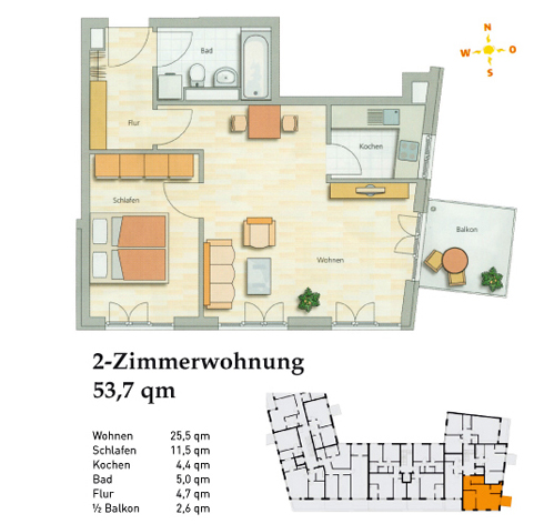 Grundriss 1, E2 Zimmerwohnung 2, Ackermannbogen