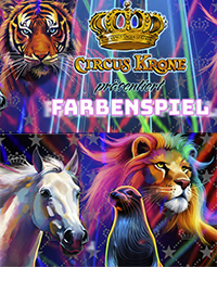 Programm Cirkus Krone: Farbenspiel mit gezeichneten Tiger, Pferd. Löwe, Seelöwe