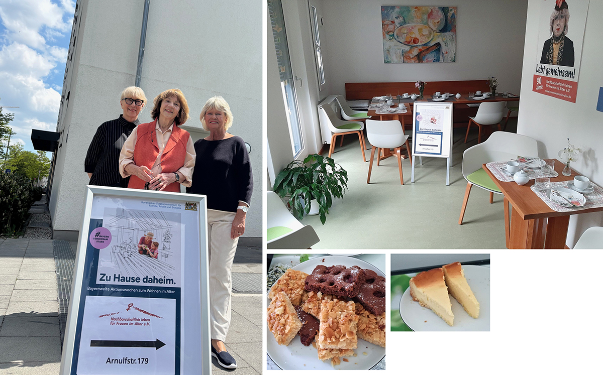Bildcollage, 3 Frauen hinter dem Veranstaltungsposter im Aufsteller, Blick in den für den Kaffee gedeckten Gemeinschaftsraum, Kuchenschnitten