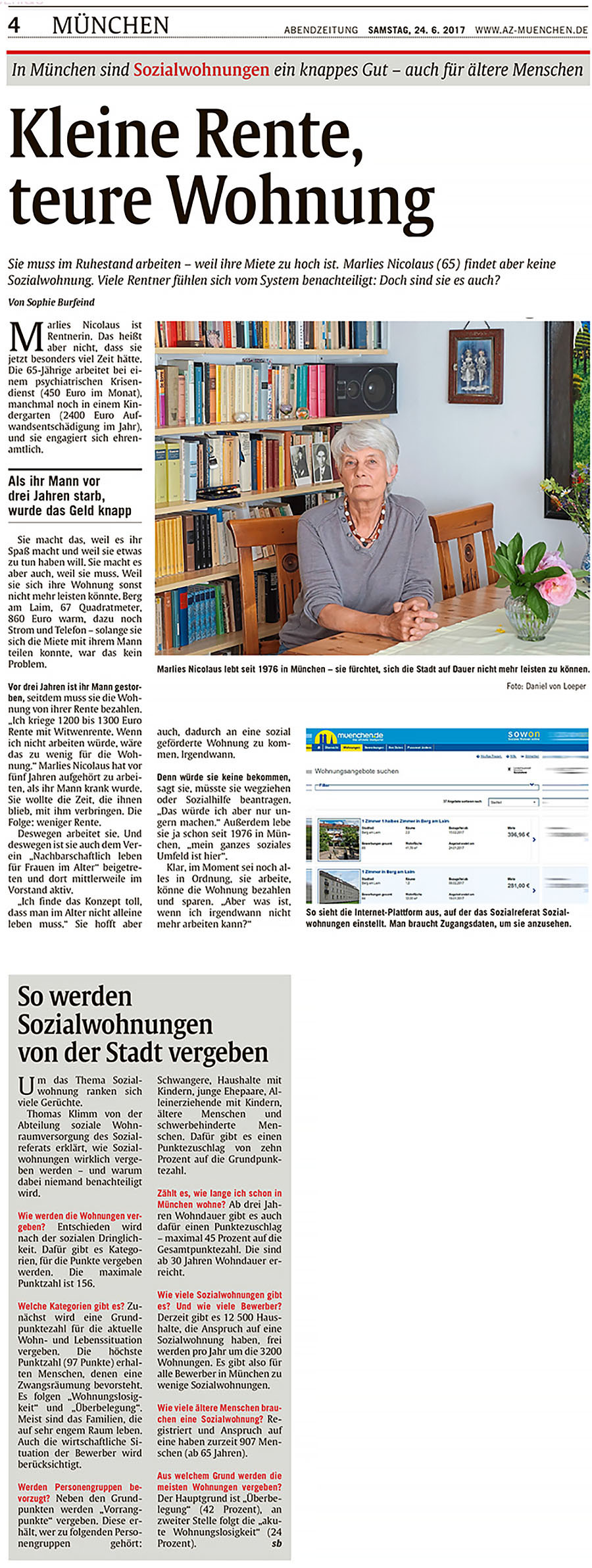 Artikel in Münchner Abendzeitung über teures Wohnen in München mit kleiner Rente