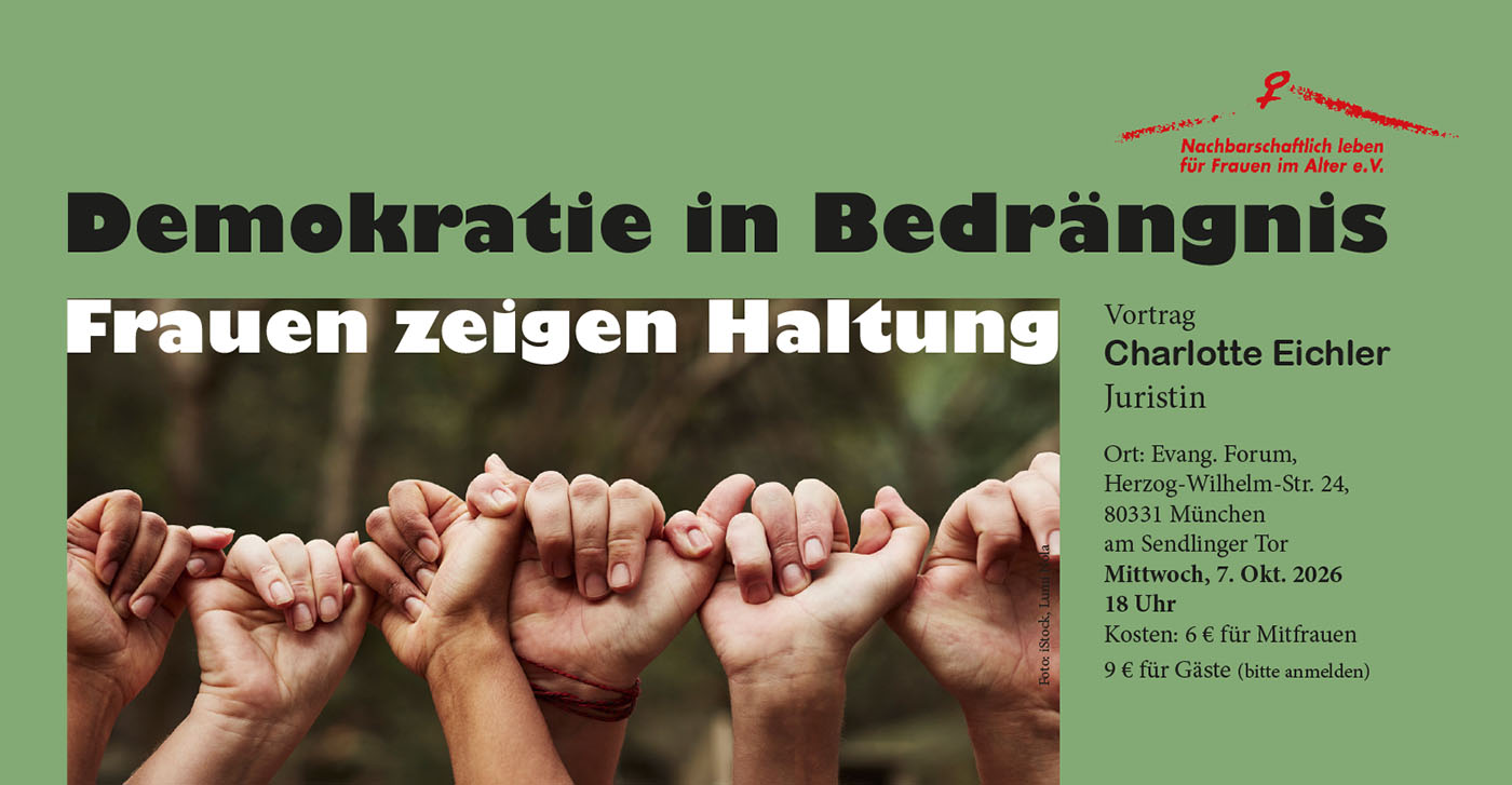 Flyer zur Veranstaltung: Demokratie in Bedrängnis - Frauen zeigen Haltung, Cover mit Foto: 6 Hände halten sich an Daumen und kleinem Finger