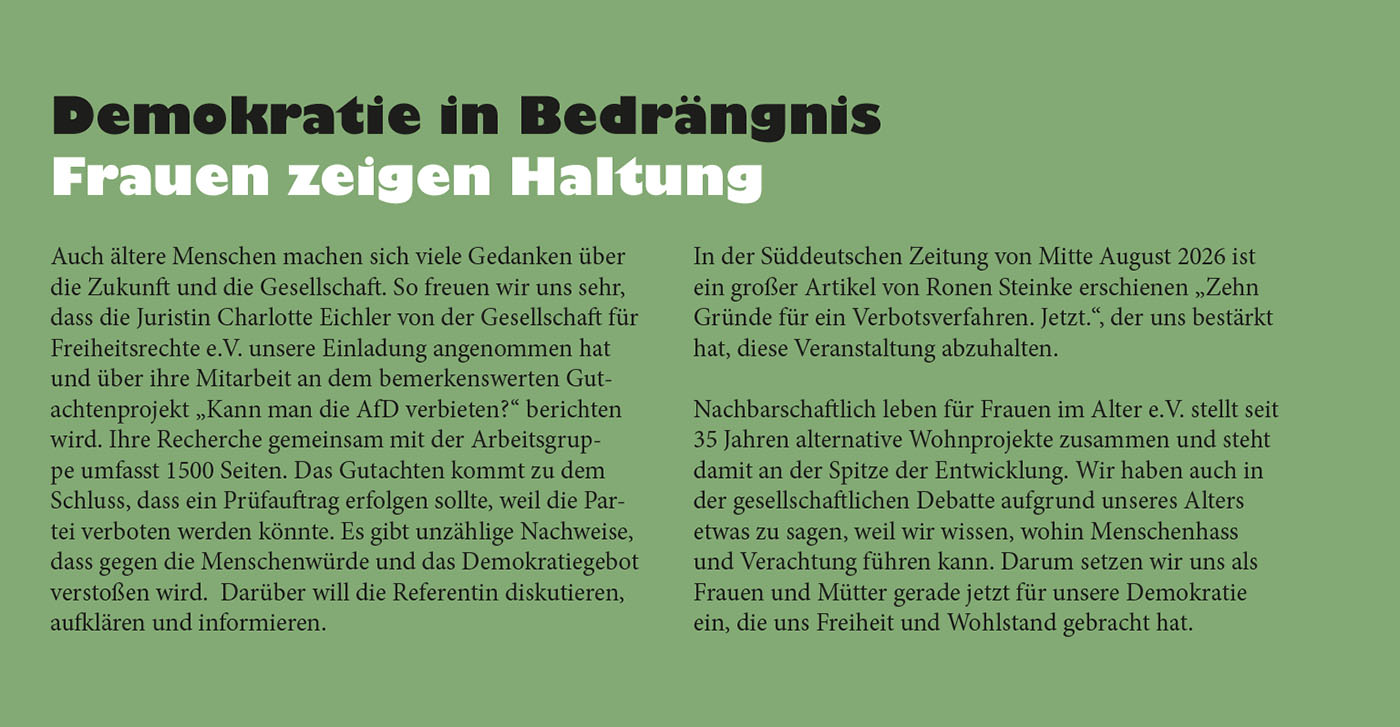 Flyer zur Veranstaltung: Demokratie in Bedrängnis - Frauen zeigen Haltung, Text über den Vortrag, Freiheitsrechte und was uns das als alte Frauen angeht