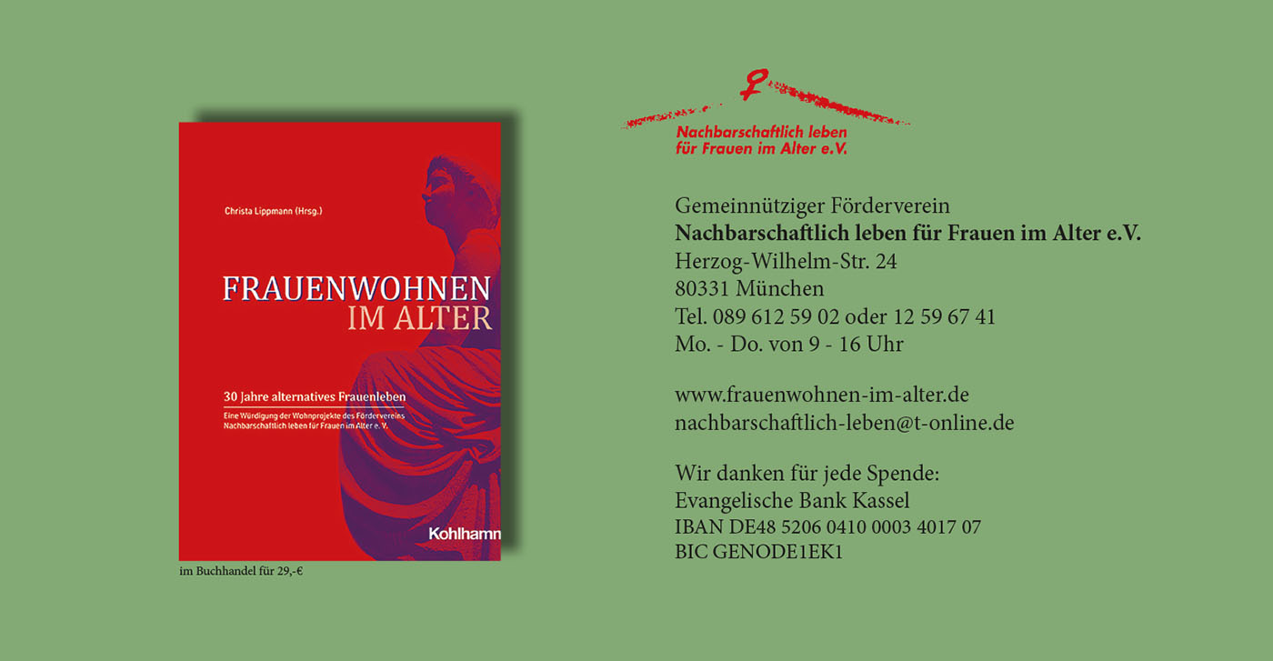 Flyer zur Veranstaltung: Demokratie in Bedrängnis - Frauen zeigen Haltung, Rückseite: Adresse und Hinweis auf unser Buch frauenwohnen im Alter