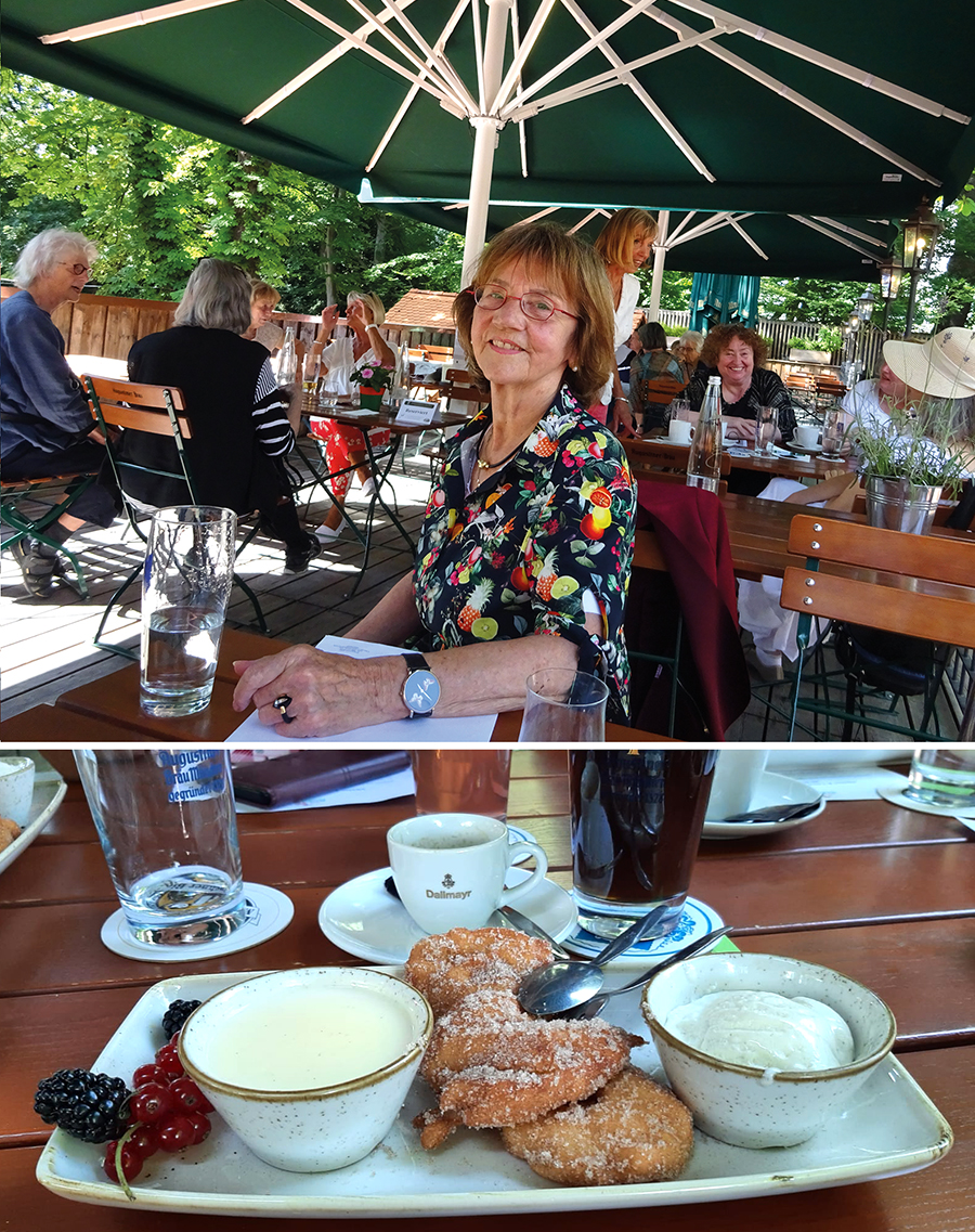 Blick auf das Kaffeekränzchen im Augustiner Keller und einen Teller mit Apfelkücherl