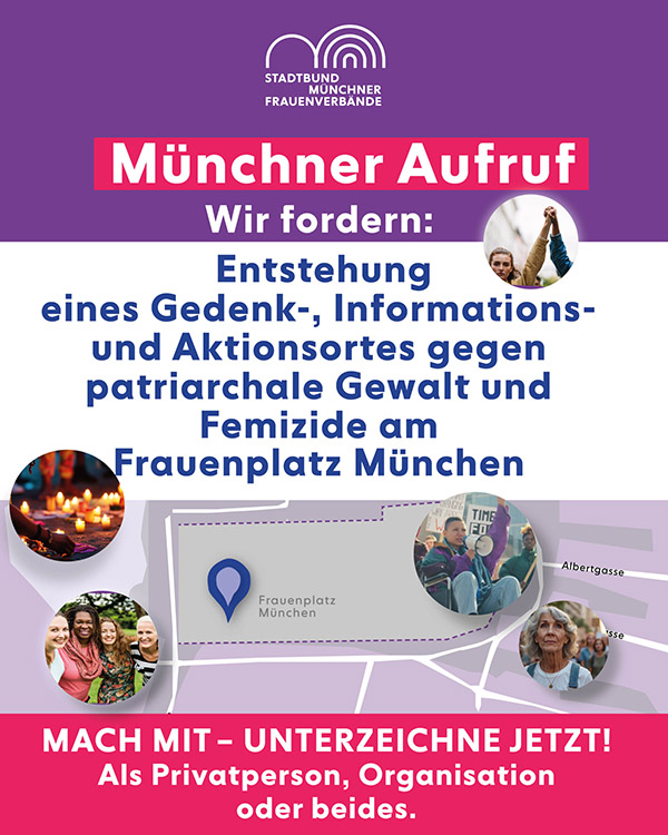 Poster des Aufrufs zur Unterzeichnung des Antrags auf einen gedenkort für Frauen auf dem Frauenplatz München