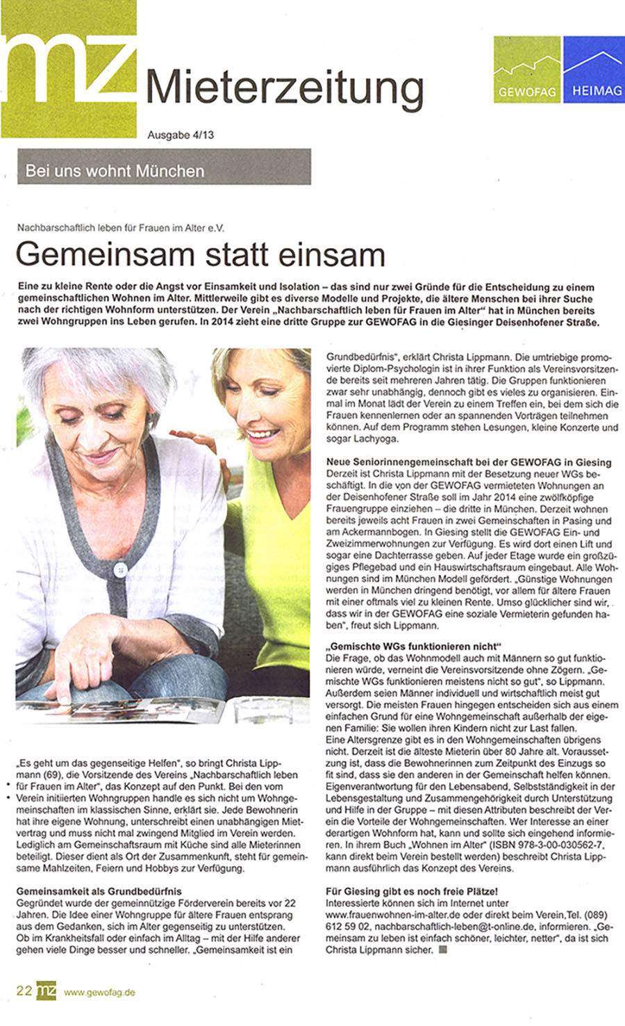 Artikel in der Gewofag Mieterzeitung zum Thema: gemeinsam statt einsam