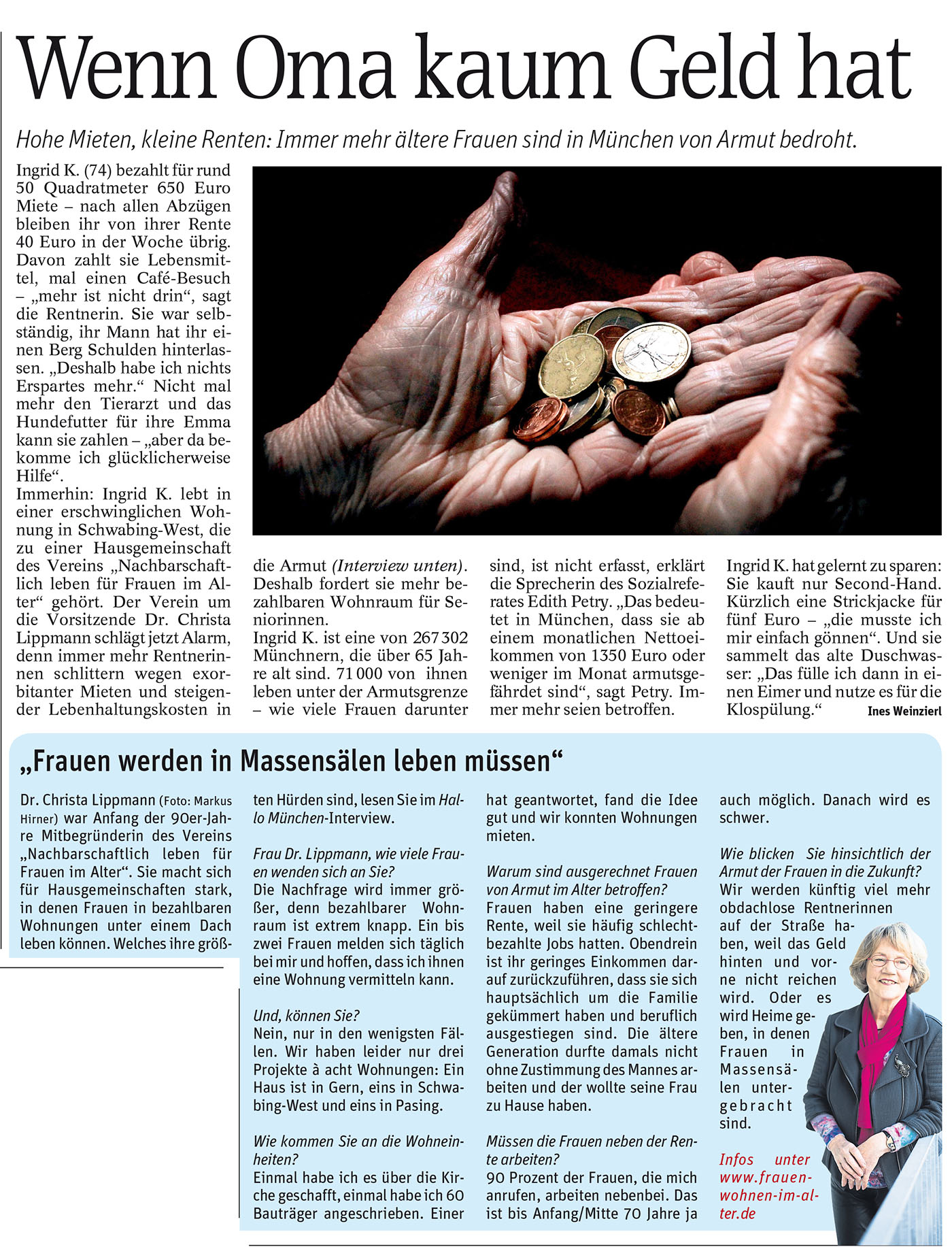 Artikel in der Hallo München, Juni 2017, über die Armut älterer Frauen: Wenn Oma kaum Geld hat