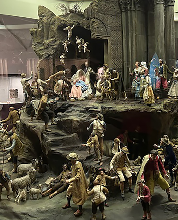 Detail einer Krippe mit heiliger Familie und Hirten