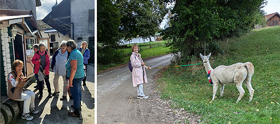 eine kurze Rast mit Stärkung und Christa Lippmann mit Lama