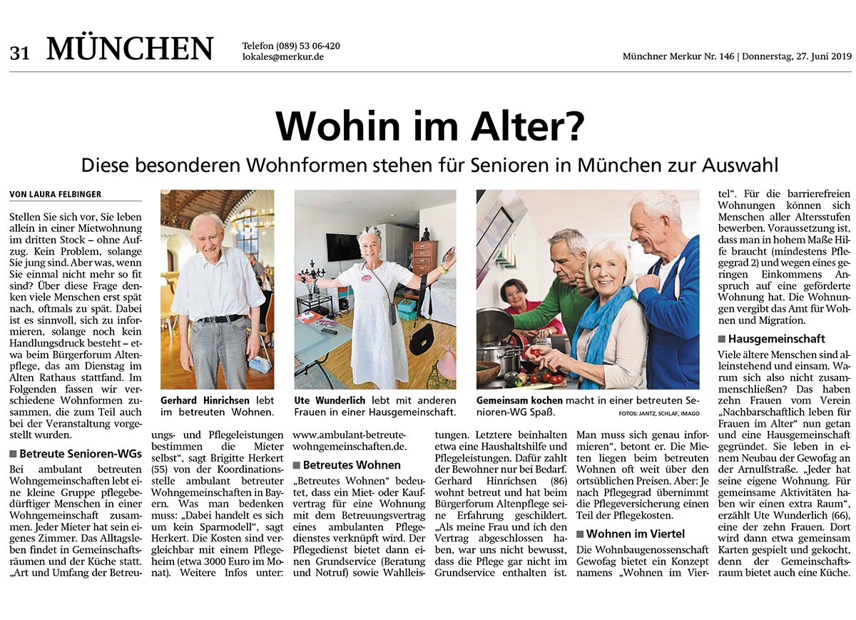 Zeitungsartikel im Münchner Merkur über verschiedene Wohnformen für Senioren