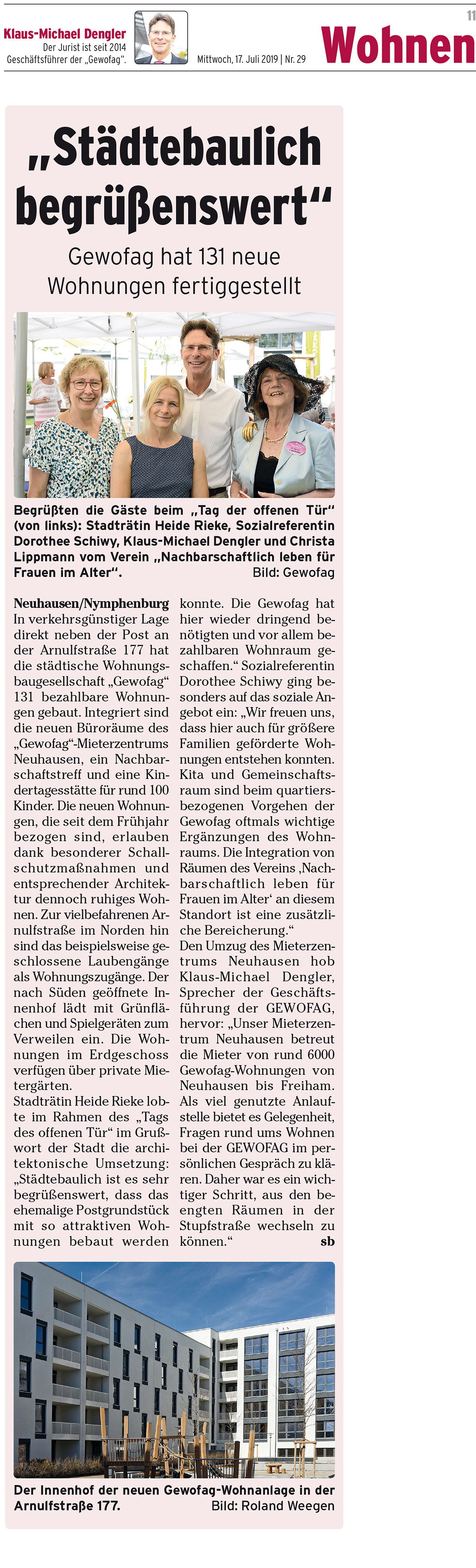Artikel über die neuen Mietwohnungen der Gewofag in Neuhausen/Nymphenburg und den Nachbarschaftstreff im Gemeinschaftsraum