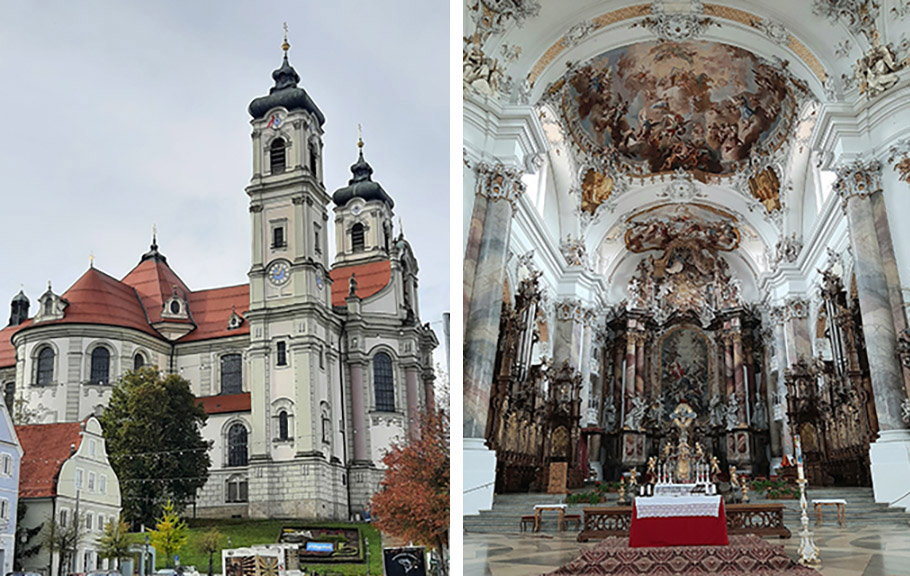 links: Die Basilika Ottobeuren von aussen, rechts: Der Altarraum derBasilika Ottobeurenn