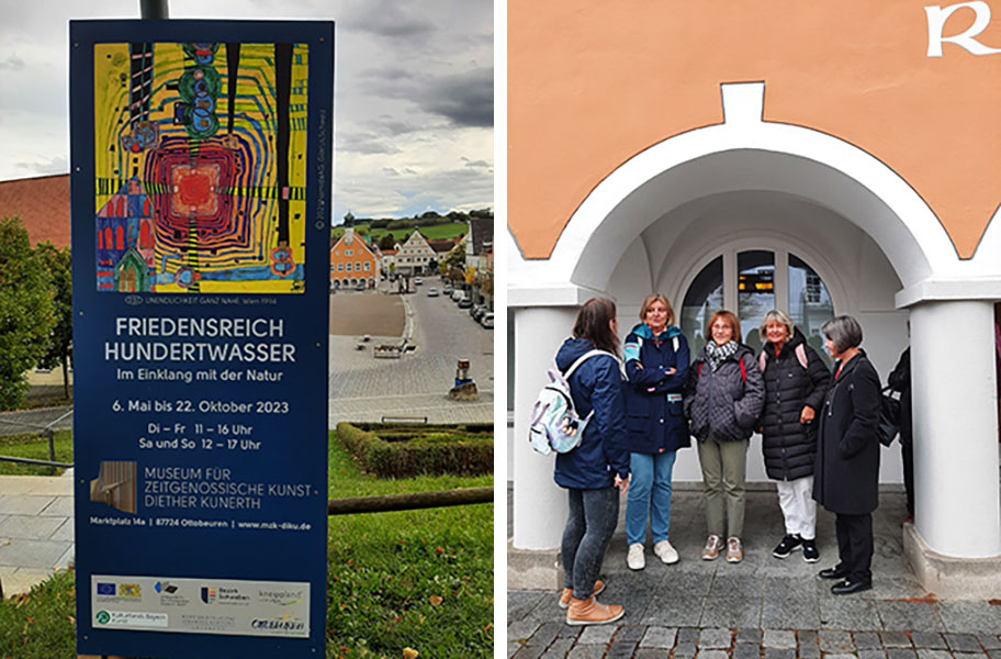 links: Das Plakat zur Hundertwasser-Ausstellung, rechts: Die Frauen treffen sich vor dem Eingangstor
