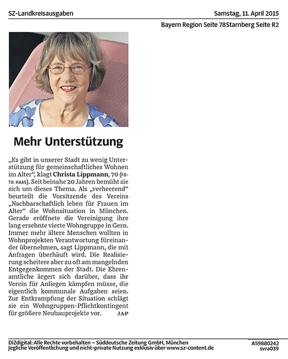 Interview mit Frau Dr. Lippmann am 11.4.2015 über günstigen Wohnraum für Ältere in der Süddeutschen Zeitung