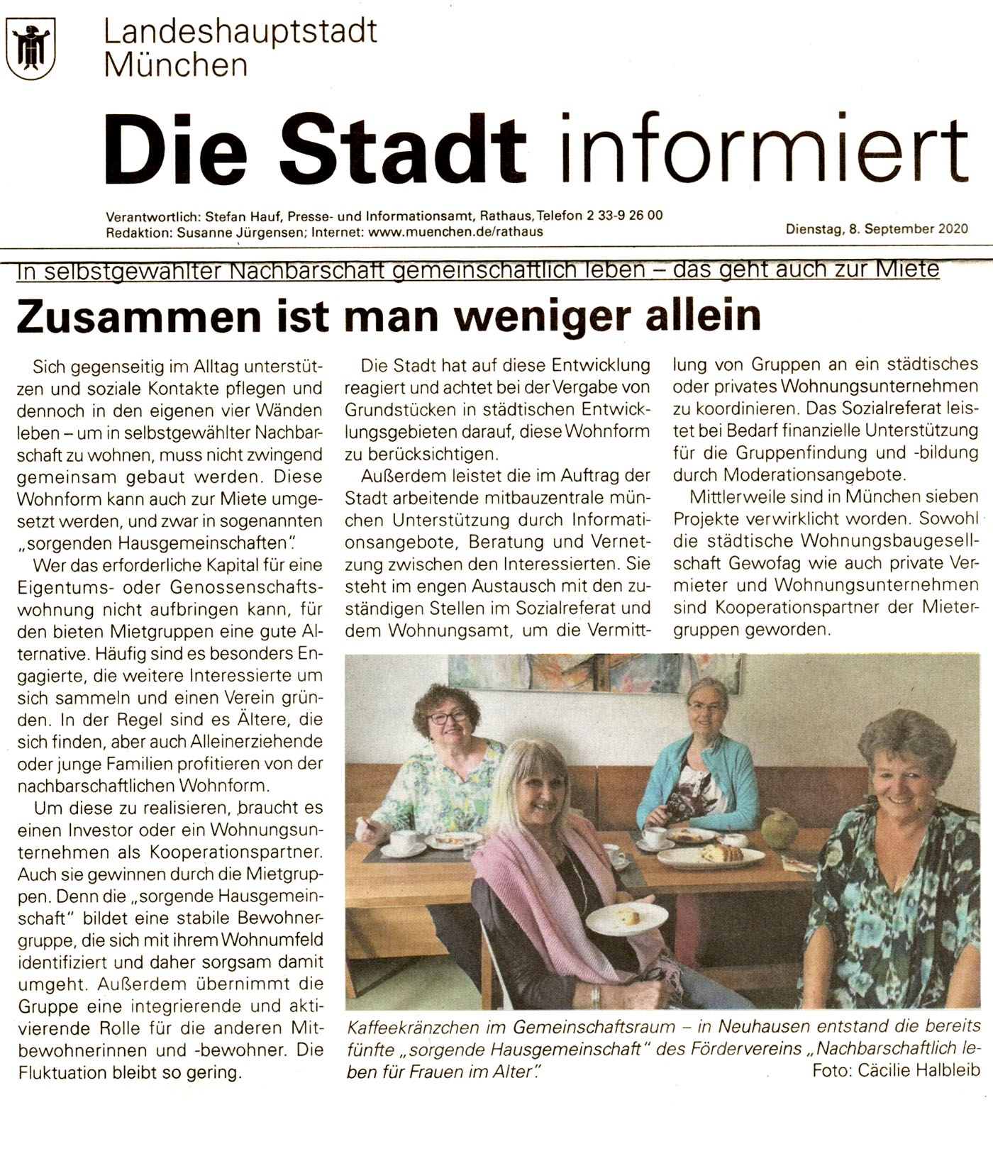 Artikel über das Zusammenleben sorgender Hausgemeinschaften am Beispiel des Fördervereins "Nachbarschaftlich leben für Frauen im Alter e.V.