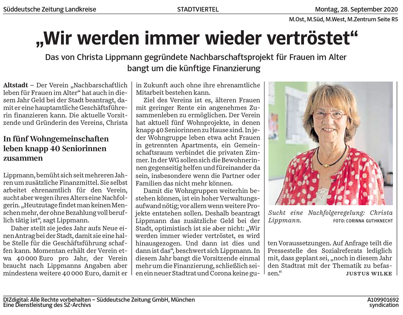 Artikel in der SZ über Förderungen durch die Stadt München für das Wohnprojekt Nachbarschaftlich leben für Frauen im Alter e.V.