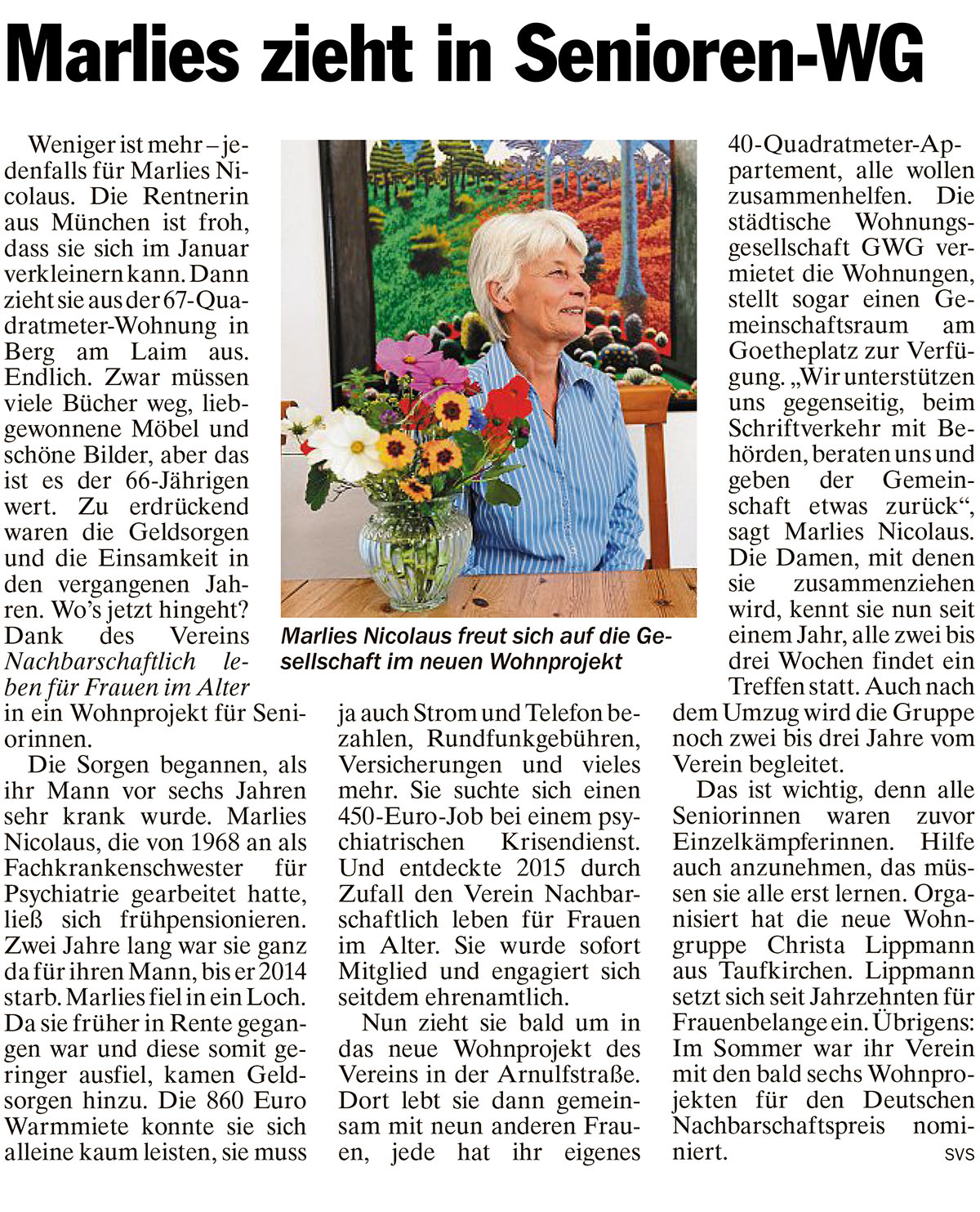 Marlies zieht in Seniorinnen-WG des Fördervereins Nachbarschaftlich leben für Frauen im Alter e.V.